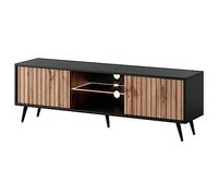 Selsey Meuble TV Armoire De Télévision sur Pieds Noir 135 cm À Lamelles Éclairage LED Chêne Wotan Bello