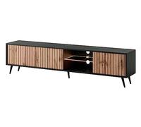 Selsey Meuble TV Armoire De Télévision sur Pieds Noir 175 cm À Lamelles Éclairage LED Chêne Wotan Bello