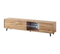 Selsey Meuble TV Debout sur Pieds Trois Niches Fermées Une Niche Ouverte Élément en Verre Lumières LED Blanches 175 cm Chêne Wotan Galhad