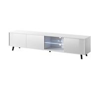 Selsey Meuble TV Debout sur Pieds Trois Niches Fermées Une Niche Ouverte Élément en Verre Lumières LED Blanches 175 cm Blanc Mat Blanc Brillant Galhad