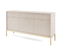Selsey Meuble TV Vellore 154 x 83 x P39 cm - Buffet Rangement Moderne Grège - 3 Portes/3 Tiroirs - Poignées Dorées - Pieds Métal 20 cm - Meuble Bas Salle à Manger/Salon - Design Strié Épuré