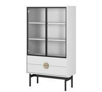 Selsey Stoon Blanc Mat 150x85x41cm - Vaisselier Industriel - Piètement Acier Noir Poignées Dorées - Meuble Vitrine Verre - Bibliothèque Vitrée Étagères - Tiroirs Push-to-Open