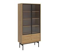 Selsey Vitrine en Verre pour Salon - Porte en Verre - Hauteur : 85 cm - 2 tiroirs et 4 Compartiments - Bois d'hickory Naturel - Olaire