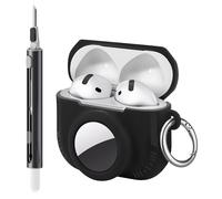 Seltureone Coque Compatible avec AirPods 4 et AirTag 2 in 1, Étui de Protection en Silicone Souple Case Cover pour AirPods 4 et AirTag avec Kit de Nettoyage et Mousqueton - Noir