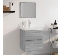Selvicoly Ensemble de meubles de salle de bain gris Sonoma en bois avec lavabo et armoire miroir Montage mural Ensemble complet de salle de bain avec espace de rangement, tiroir, étagère, éclairage et