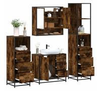 Selvicoly Lot de 4 meubles de salle de bain - En bois de chêne fumé - Montage mural - Meuble de rangement - Armoire de salle de bain - Armoire basse avec miroir - Garniture de salle de bain
