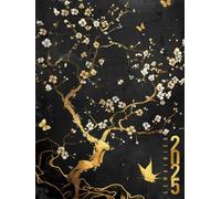 Semainier 2025: Thème Japon, noir doré, agenda hebdomadaire vertical A4 avec planification mensuelle, carnet de rendez-vous et planificateur de tâches pour usage professionnel ou personnel.