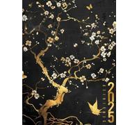 Semainier 2025: Thème Japon, noir doré, agenda hebdomadaire vertical A4 avec planification mensuelle, carnet de rendez-vous et planificateur de tâches pour usage professionnel ou personnel.