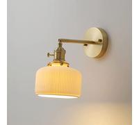 SEMANHUA Japanese White Ceramic Wall Sconce Light Brushed Brass Frame - Adjustable E27 Reading Lamp for Indoor Use(Dark color)