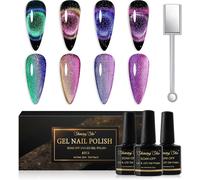 Semi-Permanent Magnetic Nail Polish, 4 Holographic 9d Cat Eye Semi-Permanent Nail Polish With Magnetic Stick Soak Off Uv/Led Nail Polish For Salon Diy Home, 10 Ml