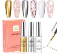 Semi-Permanent Nail Polish, 3 Colours Mirror Effect Gold, Silver And White Liner Gel Nail Art Nail Polish Soak-Off Uv Pull Line Pen For Drawing Diy Paint Nail Art Decoration French Manicure