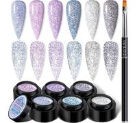 Semi-Permanent Nail Polish, 6 Colours Super Flashing Glitter Nail Polish With Brush, Gel Polish In Pink, Purple, Blue, Silver, Soak-Off Uv/Led For Nail Arts Summer