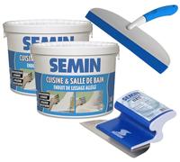 Semin A04736 Enduit de Lissage Cuisine et Salle de Bains, Adapté aux Pièces Humides, Seau de 5 kg (Lot 2), A06318 Lame CE 78 pour Enduire et Lisser, 15 cm et A04903 Raclette à Lisser