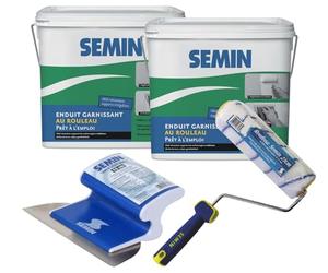Semin A06288 Enduit Garnissant pour la Rénovation des Supports très Endommagés, Intérieur, Seau de 10 kg (Lot 2), A06723 Rouleau pour Enduire, 23 cm, A06318 Lame pour Lisser, 15 cm