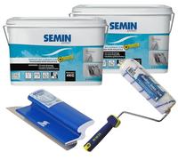 Semin A08030 Enduit de Lissage pour Finition des Murs, 3 Fois Moins de Ponçage et Poussière, Intérieur, Seau de 4 kg (Lot 2), A06723 Rouleau, 23 cm et A06319 Lame pour Enduire et Lisser, 25 cm