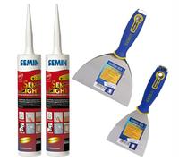 Semin - Enduit de Rebouchage Allégé - Sem-Light - Trous et Fissures Importants - Intérieur - Cartouche 310 ml (Lot de 2), Couteau à Enduire Multifonctions CE 78, 10 cm et 15 cm