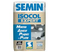 SEMIN ISOCOL EXPERT 25 kg - Mortier Adhésif Haute Adhérence pour Plaques de Plâtre et Complexes Isolants - Béton, Polystyrène, Laine de Verre - Rattrapage Planimétrie - Fabriqué en France