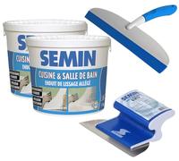 SEMIN Kit Lissage Salle de Bain & Cuisine - Enduit Hydro Pièces Humides 2 X 1 kg + Lame CE 78 15 cm + Raclette à Lisser - Prêt à l’Emploi - Finition Murale Avant Peinture