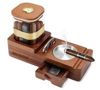 SEMKONT Ensemble de cave à cigares et cendrier, plateau en bois avec pot en acrylique, support de découpe, tiroir, fente et coupe-cigares, coffret cadeau pour homme (marron-carré)