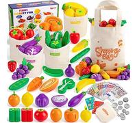 SEMKOTREE Dinette Enfant, Accessoire Cuisine Enfant Aliment Cuisine Fruits et Legumes Jouet en Bois, Jeu D'imitation Marchande Enfants Faux Billets, Euros Cadeau pour Garçons et Filles dès 3 Ans