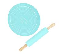 Semme Ensemble de Rouleaux à Pâtisserie en Silicone, Tapis de Cuisson Antiadhésif avec Rouleau à Pâtisserie en Bois de Hêtre pour Biscuits, Pâtes, Pain, Pizza, Outils de Cuisson de Cuisine (BLUE)