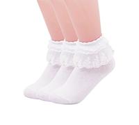 Semoholli Femme Socquettes, Perle Dentelle à Volants Volants Confortable No-Show Chaussettes en Coton Princesse Chaussettes en Dentelle Chaussettes - 3 Pairs-White, Size: One Size