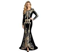 Sempidka Gothic Skull Dress Halloween Costume Soft Velvet Floral Print | Black Halloween Skeleton Dresses, Long Sleeved Tube Dress, For Festival Party Carnival Club Bar Stage