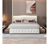 Sempoda Smart LED Cadre de lit à plateforme 160 x 200 cm, avec 4 tiroirs de rangement, en velours touffeté de diamant avec lumière, sans bruit, blanc, 160 x 200 cm