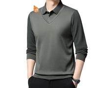 Sempornai Chemise à revers rayé, faux 2 pièces, faux revers rayé à manches longues, faux 2 pièces, Vert haricot., L