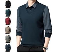 Sempornai Chemise à revers rayé, faux 2 pièces, haut à manches longues et revers pour homme, pull décontracté d'affaires, bleu, L