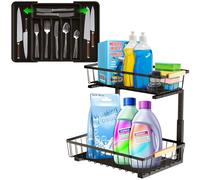 Sen-shiny Rangement sous évier métal-Organisateur sous Evier Tiroir Coulissant à Extraction avec butée-Organisateur métal sous evier Ajustable-Panier sous evier avec Range Couvert Extensible