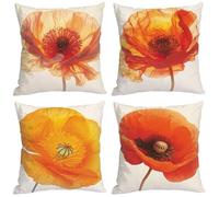 Senbang Housse de Coussin 35x35cm Lot de 4, Fleur Orange Rouge Housses de Coussin Extérieur Taie Oreiller en Lin Carré Housses de Coussin pour Canapé Jardin Maison Salon Chambre