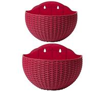 SENCC Lot de 2 Pots de Fleurs en Imitation rotin à Suspendre au Mur, en Demi-Cercle avec Trou de Drainage et Crochets, Panier à Suspendre en Plastique pour Balcon, clôture (vin Rouge)