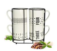Sendez 4 Tasses à Café 300 ml en Porcelaine Avec Support Métallique Blanc