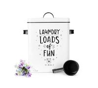 Sendez Boîte à lessive en métal de 6 l avec couvercle et pelle - Boîte de rangement robuste pour lessive en poudre, comprimés et capsules, étanche, blanc, pour buanderie et ménage