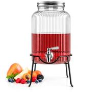 Sendez Distributeur de boisson en verre 5 l avec robinet en acier inoxydable et support en métal - Design rétro, robuste et élégant - Parfait pour la limonade, le thé glacé et les fêtes