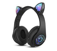 Sendowtek Casque sans Fil pour Enfant avec Microphone Intégré Fonction d'Appel Pliable Écouteurs Casque Bluetooth à Oreilles de Chat LED pour Fille Garçon Adulte Voyage Vacances (Noir)