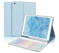 SENGBIRCH Coque Clavier pour iPad 9/8/7ème gén 10.2 Pouces - AZERTY Français Clavier Rétroéclairé 7 Couleurs Bluetooth Détachable sans Fil, Étui pour iPad Air 3 10.5", Bleu Clair