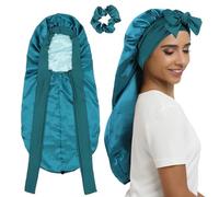 SENGTERM Long Bonnet Satin Cheveux Nuit Couche Double Bonnet en Soie pour Femmes aille de tête Ajustable Bonnet de Nuit pour Cheveux bouclés naturels (FR/ES, Alpha/Lettres, M, L, Long Green)