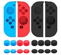 SENHAI Étui Compatibilité avec Nintendo Switch Joy-Con Manettes avec Grips de Protection, 2 Paires de Housse en Silicone pour Joysticks avec 16 Sticks - Noir, Bleu + Rouge