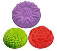 SENHAI Lot de 3 moules en Forme de Fleurs en Silicone pour gâteau, Tarte, Grande Forme Ronde de Tournesol, chrysanthème, Rose, Moule de Cuisson Anti-adhésif pour fête d'anniversaire Artisanale