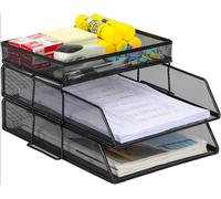 Senhoglb Bac à courrier A4 à 2 niveaux en maille, empilable avec support de bureau intégré, Noir, Offre du Nouvel An, Top des idées cadeaux