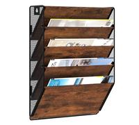 Senhoglb Porte Documents Mural en Métal à 5 Compartiments, A4 Porte Revue Mural, Organiseur de Fichiers Suspendu Range Papier, Banette Murale pour Bureau et Maison, Antique Brun