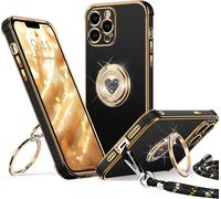 Senior-Coque Pour Iphone 13 Pro, Avec Double Anneau De Support Coeur, Avec Lanière Pour Filles Et Femmes, Coque De Protection De Luxe Mignonne Et Scintillante Pour Iphone 13 Pro, Noir[L1795]