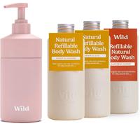 Senior-Lot De Gels Douche Naturels Rechargeables - Comprend Un Étui En Aluminium Rose Et Lot De 3 Recharges De Gel Douche Aux Parfums Différents - Honey & Almond, Amber & Oud Et Santorini Sunset[L106]