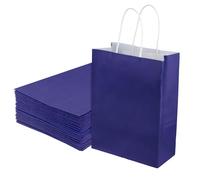 SENJEOK Lot de 100 petits sacs cadeaux en papier kraft bleu avec poignées, 16 x 8 x 22 cm, sacs de fête à fond plat pour anniversaire, shopping, mariage, fêtes de fin d'année