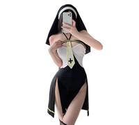 SENJIY Costume de nonne sexy pour femme lingerie cosplay robe anime diable mère coquine prières sœur kawaii jeu de rôle soubrette gothique jupe sous-vêtements Halloween body cravate coiffe blanc noir