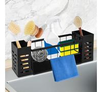 SENLINLIN Organisateur Évier Noir avec Porte-Éponge, Porte-Torchon & Rangement, Grand Range-Évier avec Égouttoir Automatique, Anti-Rouille, Gain de Place, sans Perçage