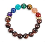 SENLLY 7 Chakra Beaded Stretch Bracelet with Red Tiger's Eye, Handmade Natural Stone Jewelry for Balance & Protection