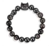 SENLLY Steel Shadow Guardian - Beaded Stretch Bracelet with Silver Obsidian, Hematite & Cat Head Carving, Handmade Natural Stone Jewelry for Protection, Focus & Balance